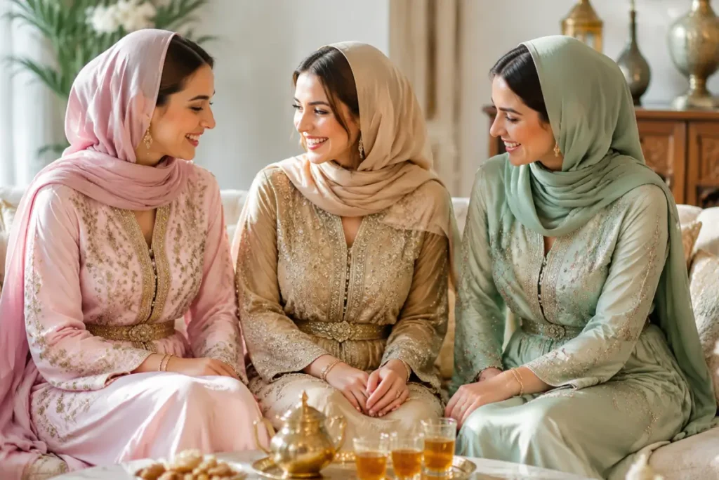 Trois femmes marocaines élégantes en caftans modernes célébrant l'Aïd Al-Adha dans un salon lumineux avec décoration marocaine chaleureuse.